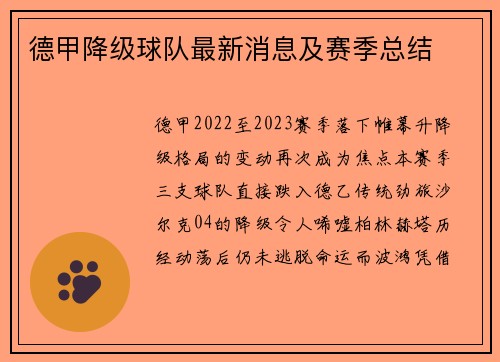 德甲降级球队最新消息及赛季总结